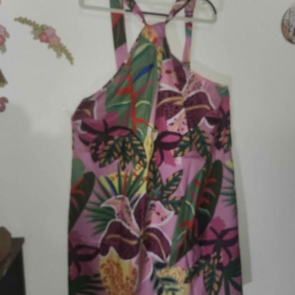 Pink Green Tropical Print Halter Style Neckline Dress 4X